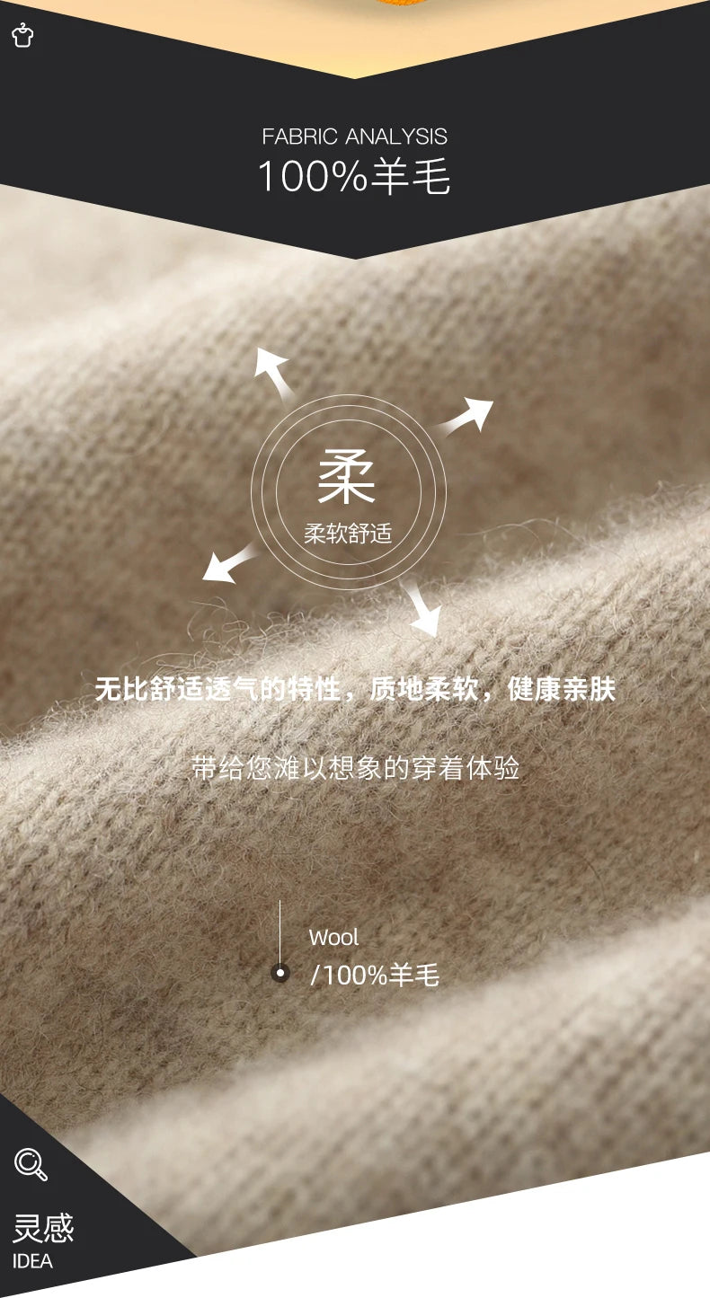 100% Merino Wool Men's Warm Sweater Mock Collar Thickened Zippered Cardigan Autumn Winter New Cashmere Knitted Long Sleeve Tops.