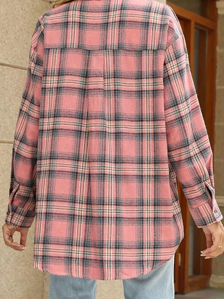 Plaid Shirt Women Autumn Long Sleeve Top Female Vintage Fashion Single Breasted Blouse Ladies Preppy Style Loose Check Shirts.