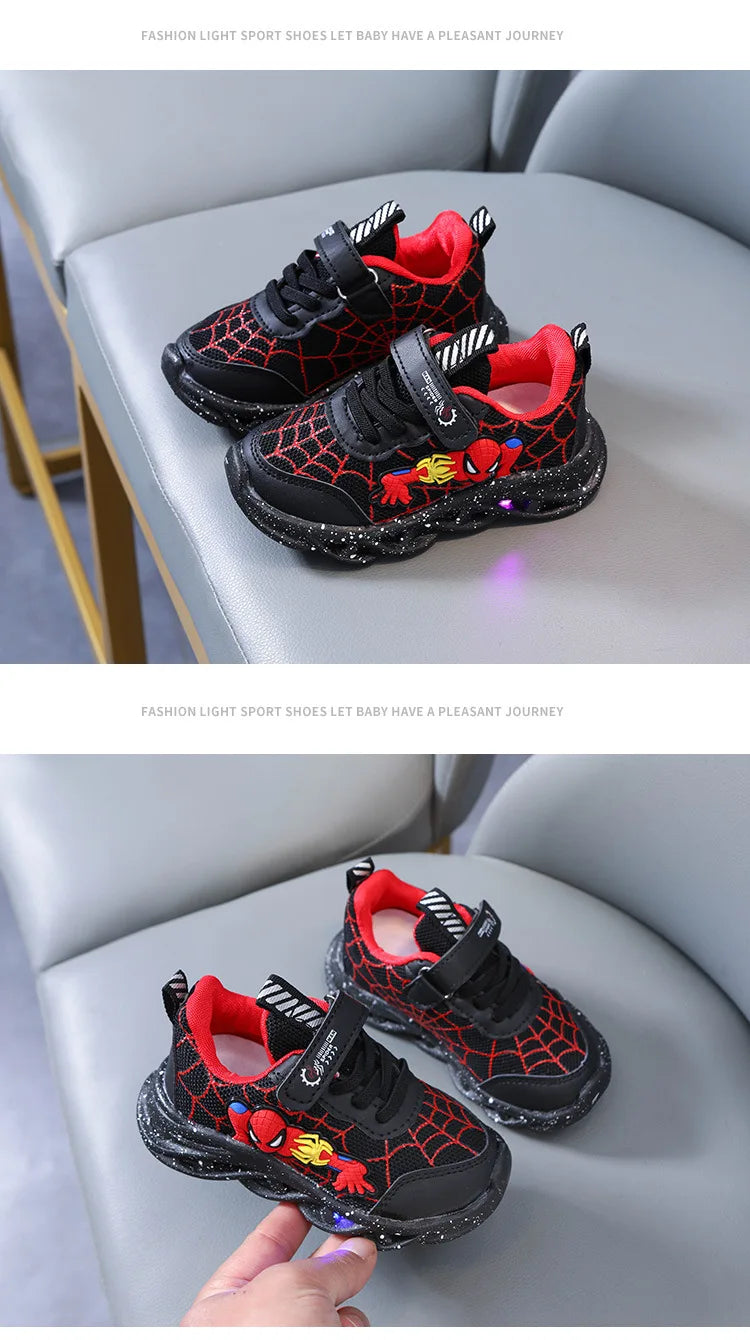 Disney LED Casual Sneakers Red Black For Spring Boys Mesh Outdoor Shoes Children Lighted Non-slip Shoes Size 21-30.