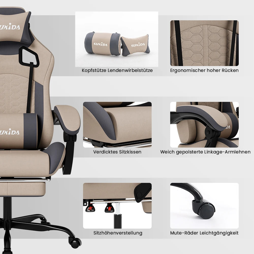 SUKIDA Ergonomischer Racing-Gaming-Stuhl, verstellbar, drehbar, mit Kopfstütze und Lordosenstütze für Büro und Gaming