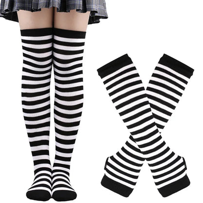 2Pair/Set Women Gothic Punk Over Knee Long Stripe Socks Girl Arm Sleeve Gloves Thigh High Cotton Socks Sweet Cute Soks Hosiery.