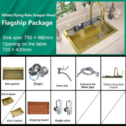 Goldenes Wasserfall-Küchenspüle, Edelstahlspüle, geprägte Digitalanzeige, Einzelschlitz-Waschbecken für die Wohnung, goldenes Waschbecken