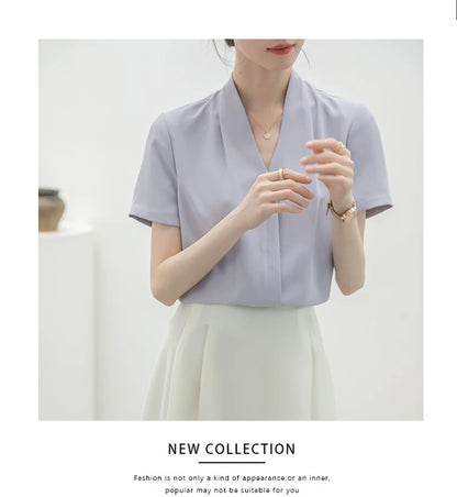 2025 Fashion Summer Short Sleeve V-Neck Women Blouse White Blouse Shirt Women Tops Blouses Shirts Blusas Para Mujer Camisas XL86.