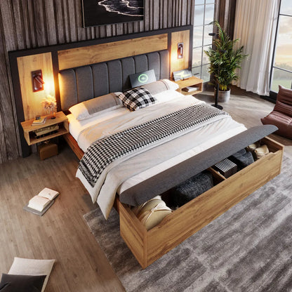 Bett mit gepolstertem Bettsystem mit Leselampe und USB-C-Nachttisch und Sitzbank mit Stauraum (ohne Matratze)