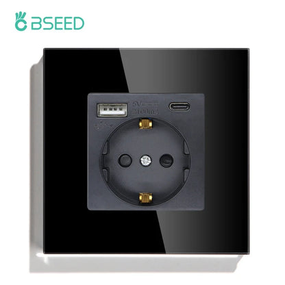 BSEED Einzel-EU-Glassteckdose mit USB-Wandsteckdosen, doppelte Steckdosen, dreifache Steckdosen, USB-Typ-C-Anschlüsse, Schwarz, 16 A