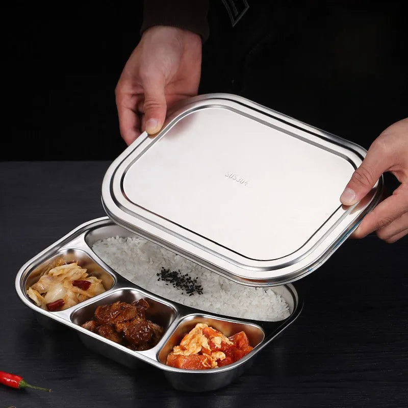 304 stainless steel dinner plate compartment with lid lunch plate.