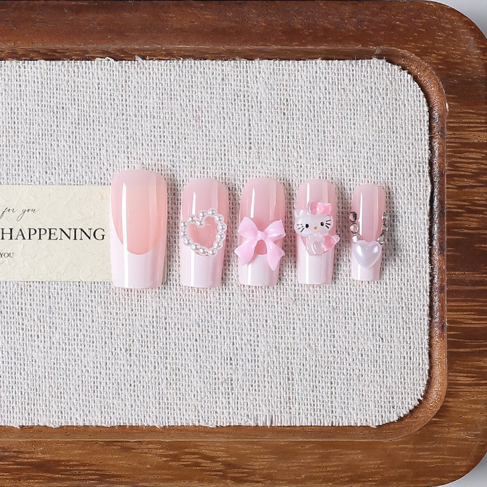 24Pcs Long Square Pink Hello Kitty False Nails French Wearable Full Cover Fake Nails Kitty Cat Bow Heart Design Press On Nails.