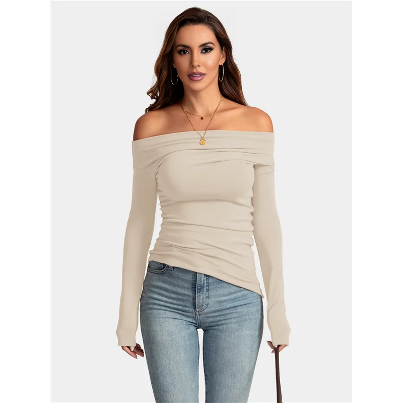 AG-Women's Off Shoulder Tops Dressy Long Sleeve Asymmetrical Slim Fit Going Out Fall Blouse Ruched Shirts.