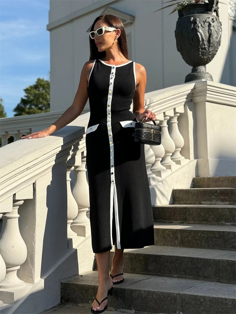 Tossy Strick-Maxikleid mit gerippter Strickjacke, weiblich, hohe Taille, schlanke Tasche, ärmellos, elegantes Partykleid, Damen-Strickwaren, langes Kleid.