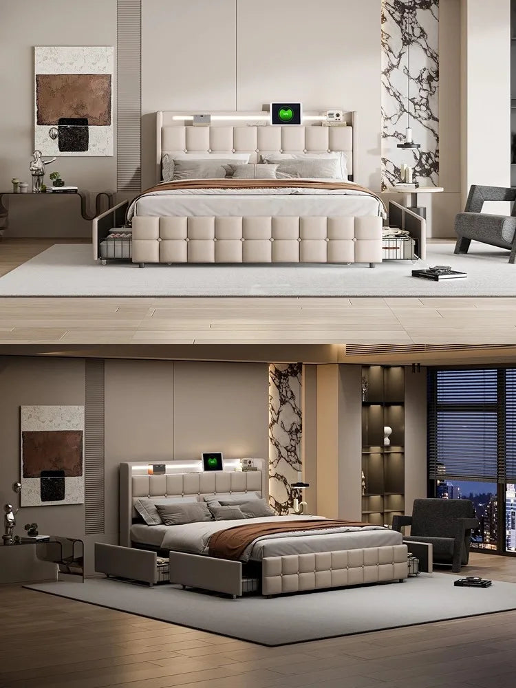 Creahappy Polsterbett – Doppelbettgestell mit wiederaufladbarem USB-Kopfteil, LED-Beleuchtung und 4 Schubladen – Beige