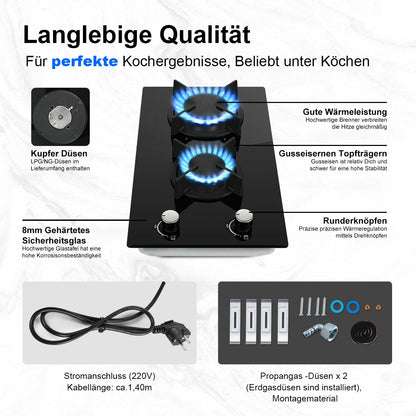 30cm Glass Gas Hob 2400W/1800W Dual Gas (Natural/Propane) Auto Flame Safety 2 LED Bulbs Built-in or Freestanding 220-240V CE.