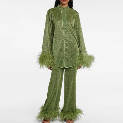 Fashion Solid Patchwork Feather Tops+Straight Pants Set Casual Loose Stand Collar Outfits Elegant Long Sleeve Button 2 Piece Set.