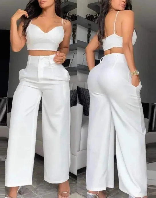 Summer Sexy 2 Piece Set Women V-Neck Strap Shirred Slim Crop Top & Lace-up Wide Leg Pants Sets Elegant Holiday Lady Suit.