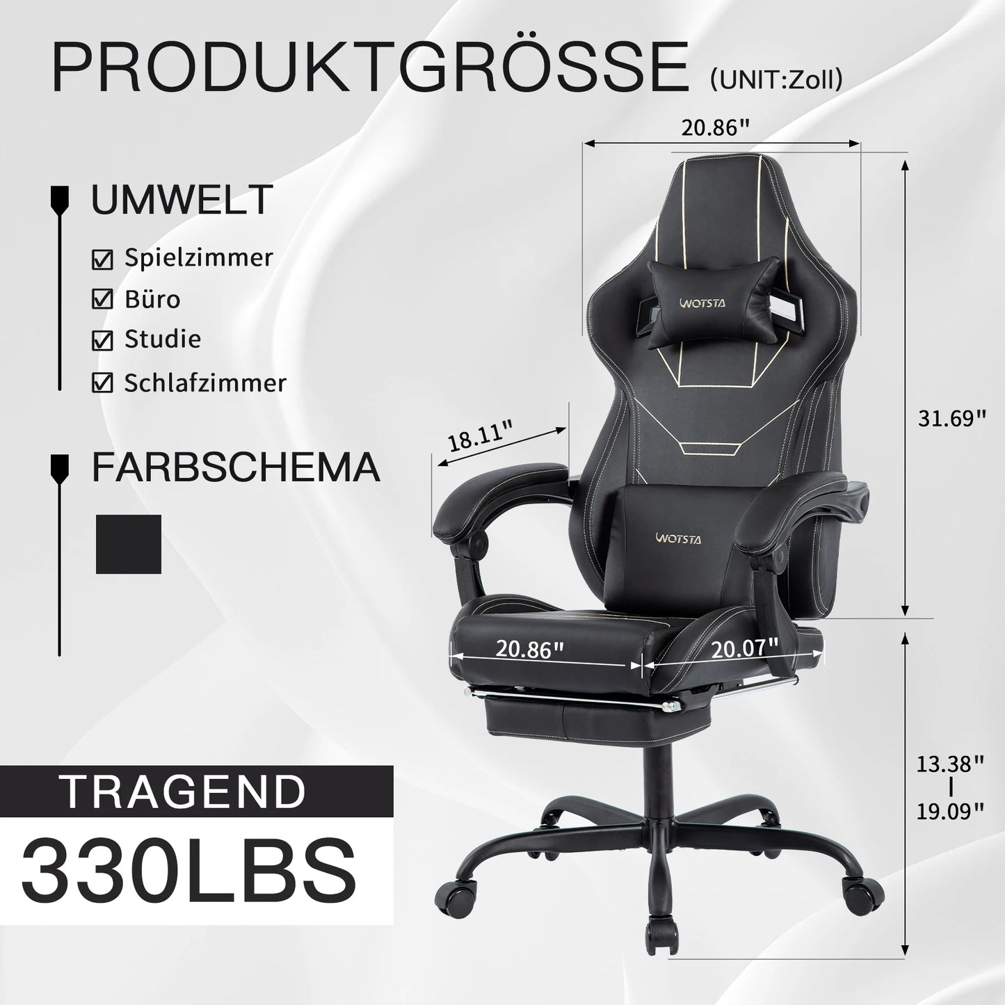 WOTSTA Gaming Chair Ergonomischer Gaming Chair Bürostuhl mit Fußstütze Racing Computerstuhl Höhenverstellbar Gepolstert Computerst