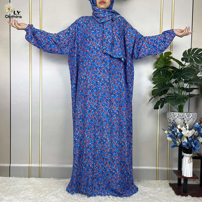 New Muslim Long Sleeved Cotton For Women Ramadan Prayer Turkey Middle East Femme Robe Floral Loose African Abaya Dress Scarfs