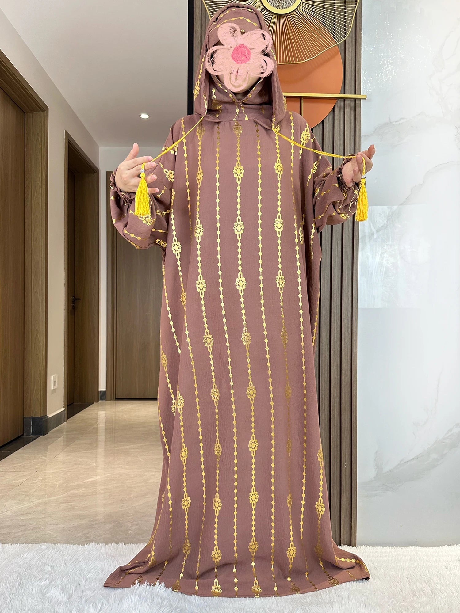 New Cotton Ramadan Muslim Two-Hat Abaya Dubai Turkey Islam Prayer Clothes Gold Dust   Dress Islam Women Dress Kaftan.