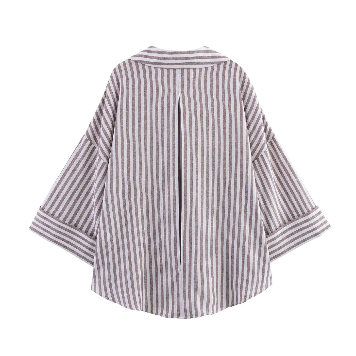Summer Women's Curled Wide Sleeves Linen Blended Striped Asymmetric Casual Shirt Versatile Collar Linen Blended Printed Shirt.