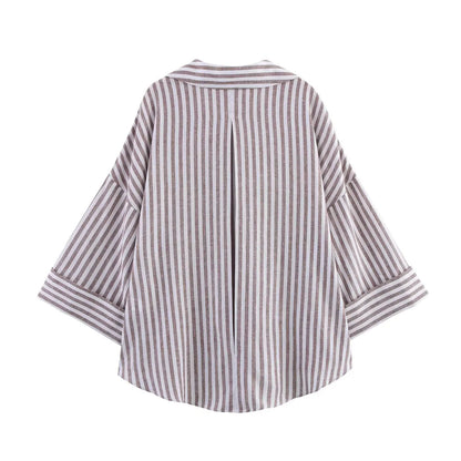 Summer Women's Curled Wide Sleeves Linen Blended Striped Asymmetric Casual Shirt Versatile Collar Linen Blended Printed Shirt.
