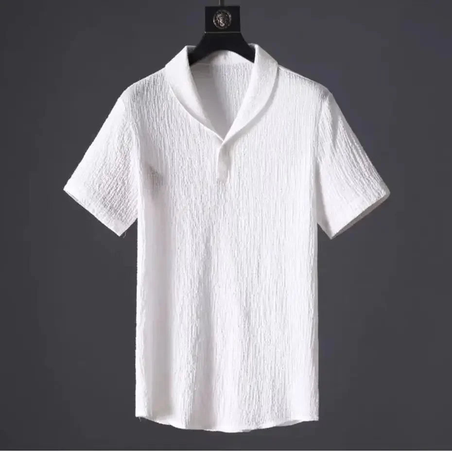 Summer Lightweight Pleated Cotton Casual Sports Set Men's Thin Comfortable Breathable Fashionable Collar Short Sleeve Two-Piece.