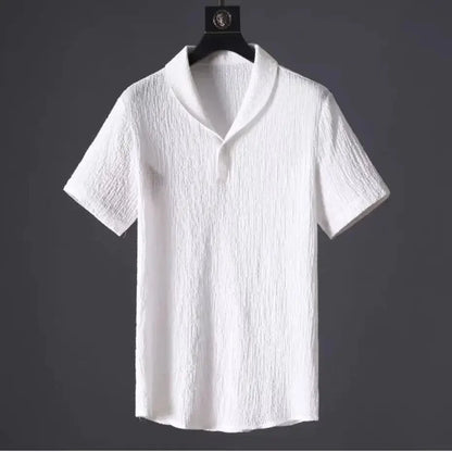 Summer Lightweight Pleated Cotton Casual Sports Set Men's Thin Comfortable Breathable Fashionable Collar Short Sleeve Two-Piece.