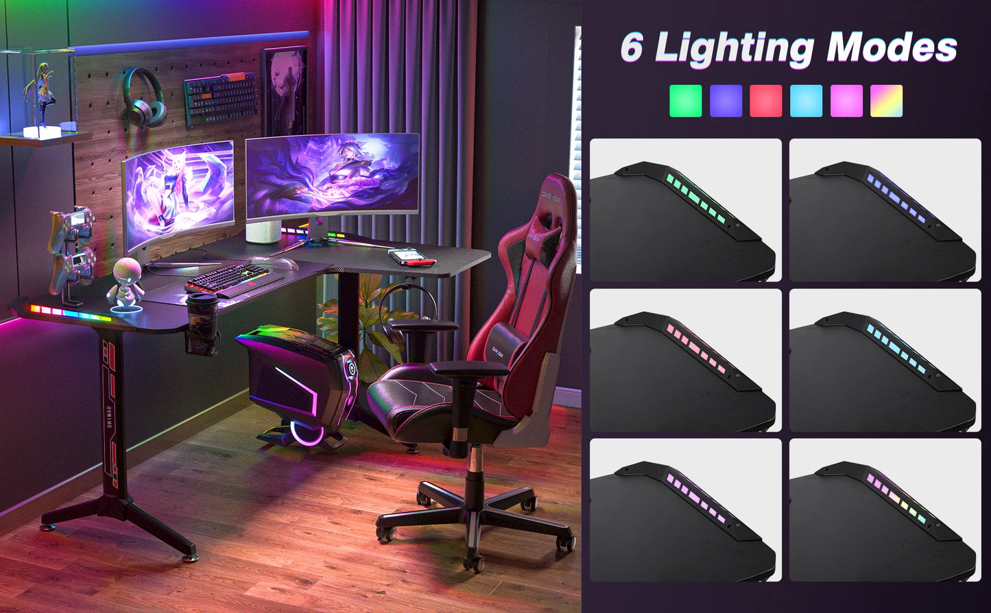 L-förmiger Computer-Gaming-Schreibtisch, RGB-LED-beleuchteter Tisch mit Kopfhörerhaken und Getränkehalter