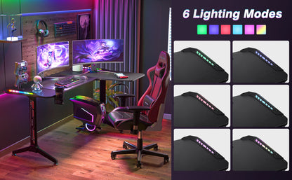 L-förmiger Computer-Gaming-Schreibtisch, RGB-LED-beleuchteter Tisch mit Kopfhörerhaken und Getränkehalter