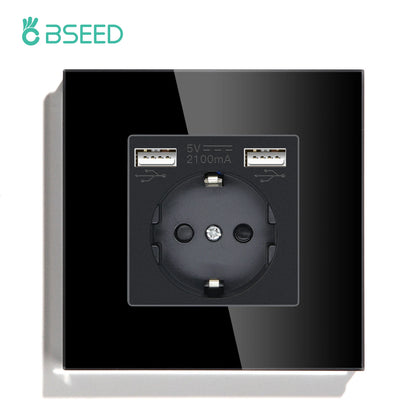BSEED Touch-Lichtschalter mit EU-USB-Steckdosen, schwarze Wand-LED-Schalter, 1/2/3 Gang, 1-Wege-Kristall, dunkelblaue Hintergrundbeleuchtung, Wandschalter