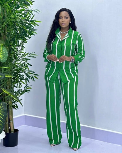 Fashion Striped Print Suit For Women Elegant Lapel Long Sleeved Shirt Elastic Waist Wide Leg Pants Two Piece Set 2024 Autumn New.
