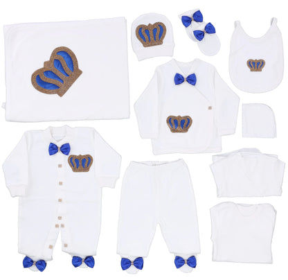 10-teiliges blaues 100 % Baumwollgewebe, gestrickt, Großhandel, individuell gestaltet, Neugeborene, neues Design, Winterkleidung, Kleidung, Luxus-Baby-Strampler-Set