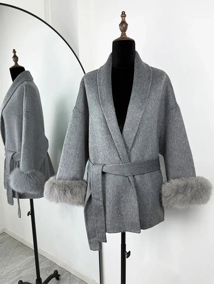 2025 Chic Lapel Plush Coat With Belt Women Vintage Faux Fur Sleeve Tweed Open Coats Female Autumn Winter Casual Street Outwear