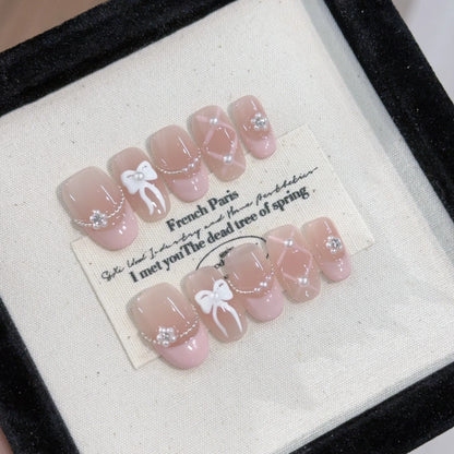 10Pcs Short Handmade Pink Press on Nails Spring French Rhinestone Full Cover Fake Nail Plaid Manicure Wearable Nail Tips Art.