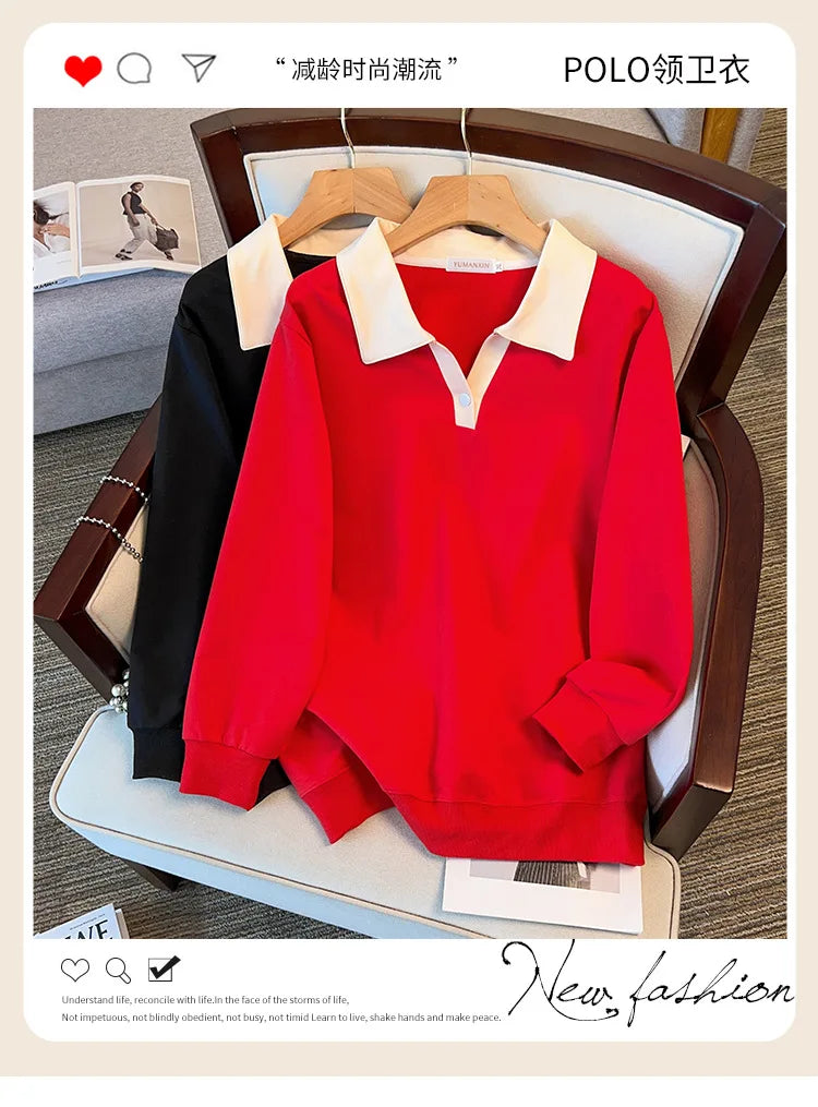 170kg plus size Damen büste Herbst lose Revers Langarm Sweatshirt schwarz rot 6xl 7xl 8xl 9xl 10xl 11xl