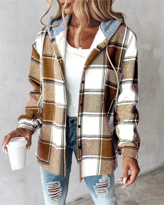 Neue Herbst und Winter frauen Plaid Jacke Mit Kapuze Mode Taste Strickjacke Top Tasche Casual Straße Vielseitige Jacke
