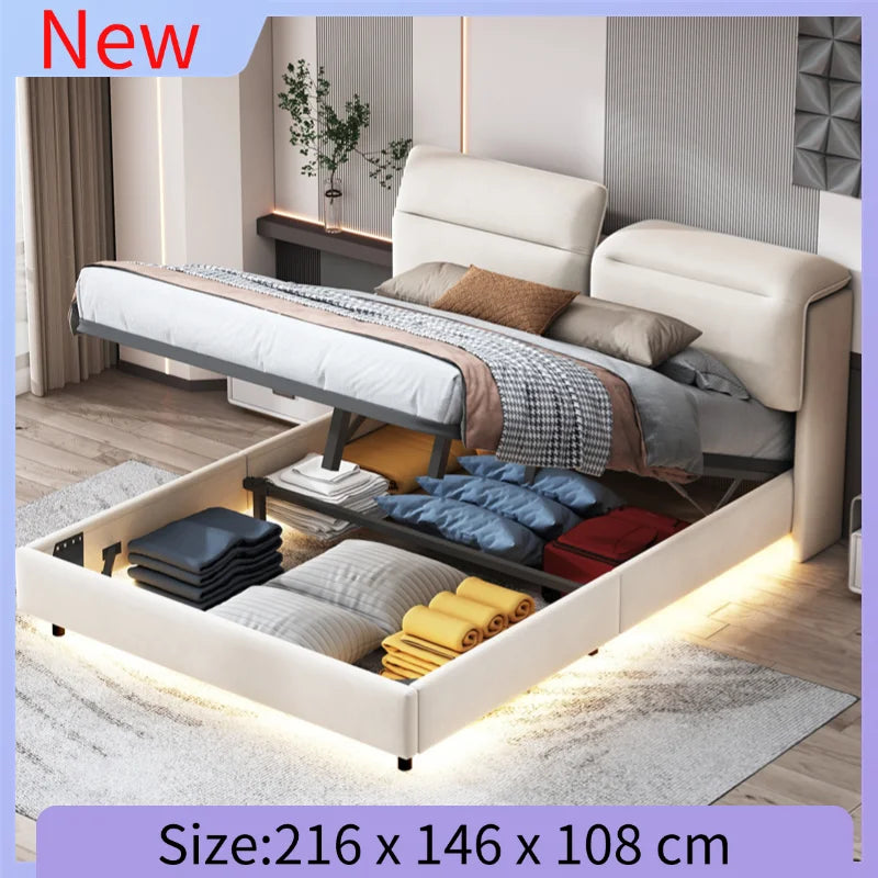 Creahappy – Weich gepolstertes Doppelbett – mit faltbarem, verstellbarem Kopfteil – hydraulischer Stangenbettrahmen – LED-Streifenbeleuchtung unter dem Bett