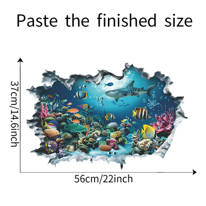 Sea View Mural Seabed Fish Shark 3D PVC Broken Wall Art Stickers Home Decoration for Room Ceiling Poster Floor Wallpaper.