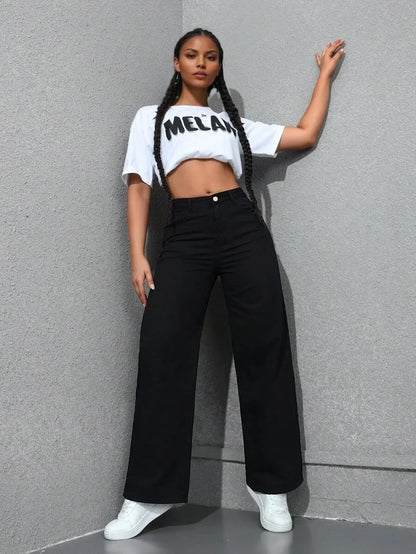 American Style High Waist Wide Leg Jeans Women's Spring New Loose Slim Straight Floor-Length Denim Pants