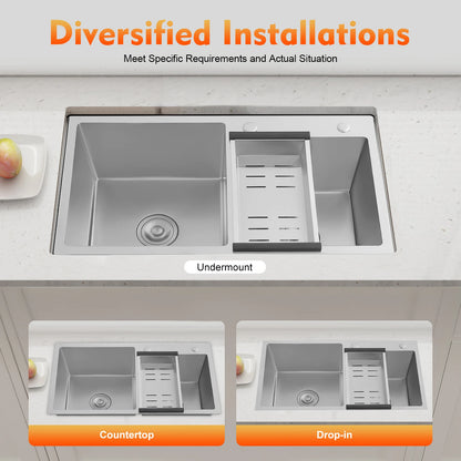 Küchenspüle aus Edelstahl, Doppelschüssel, Küchenspüle, Küchenspüle mit Abflusskorb für Garagen, Keller, Bars, Küchen