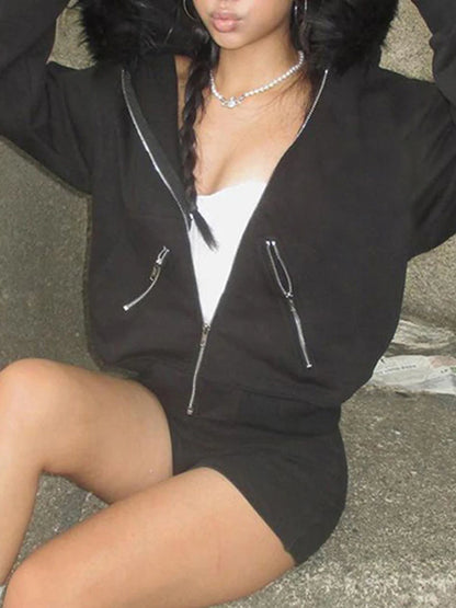 AltGoth Dark Academia Gothic Sweatshirt Women Streetwear Harajuku Vintage Y2k E-girl Cyber Punk Fur Collar Loose Cardigan Tops.