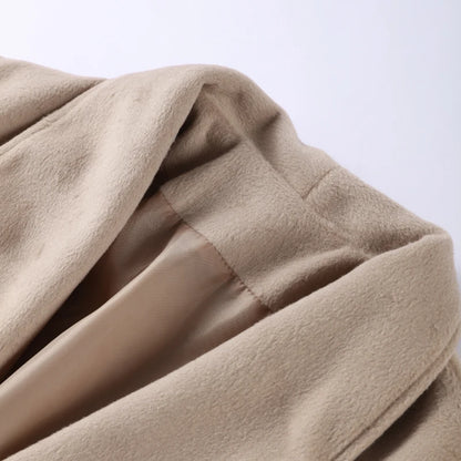 Graue Damenjacke mit Schnürung und Fuchspelzärmeln, eleganter mittellanger Wollmantel mit V-Ausschnitt, 2025, Herbst, lässige Mode, Pendler-Outwear