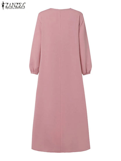 ZANZEA Muslim Casual Loose Long Dresses Textured O Neck Buttons Long Sleeve A-line Vestidos Women 2024 Islamic Hijab Abaya Robes.