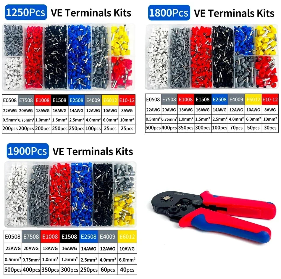 200–1900 Stück isolierte Anschlüsse für elektrische Rohre, VE-Rohr-Crimp-Anschlüsse, Drahtkabel-Anschluss, Aderendhülsen, Anschlussklemmen.