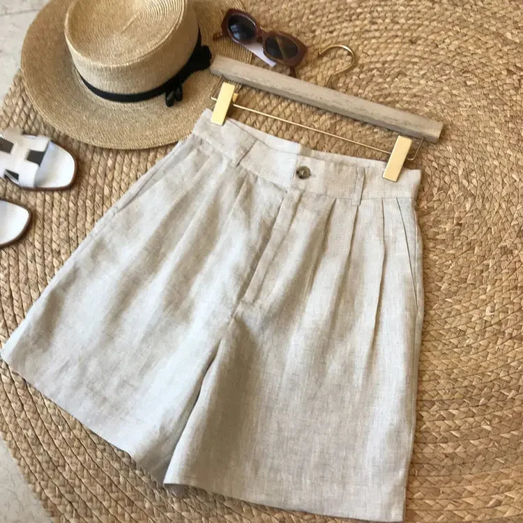 Korean Office Lady Summer Women's Solid Color Linen Zipper Pockets Fashion Casual Loose High Waist A-line Wide Leg Shorts.