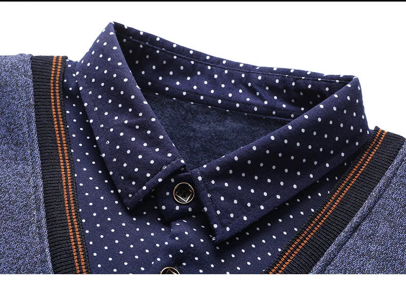 Men's Fleece Lining Sweater Autumn Winter Pullover Polo Shirt Collar Fake Two Piece Thick Warm Top Clothes Casual Knitwear