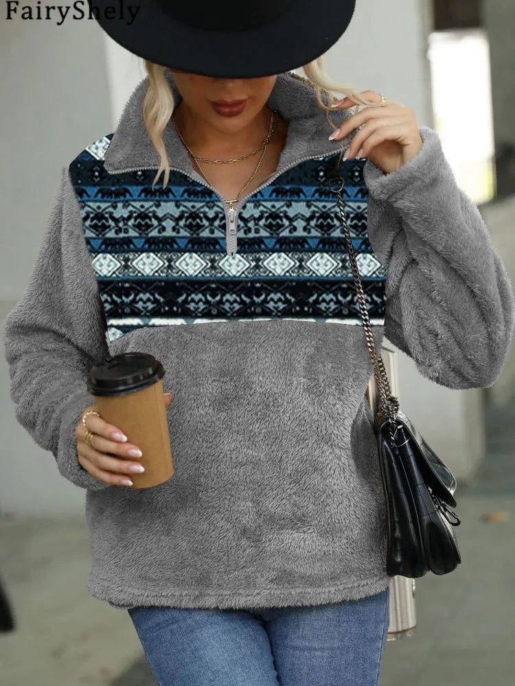 Fairyshely 2025 Winter Print Women Hoodies Casual Long Sleeve Hood Sweatshirt Loose Autumn Lady Stand Collar Plush Hoodie Tops.