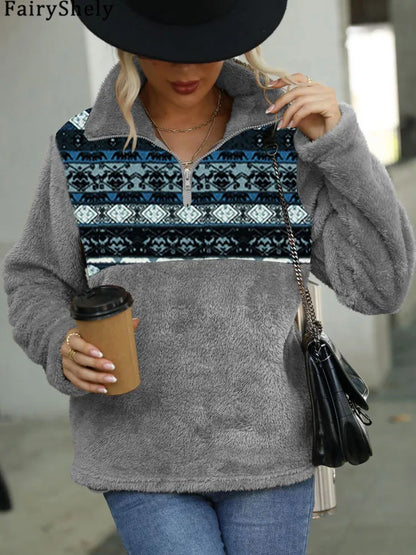 Fairyshely 2025 Winter Print Women Hoodies Casual Long Sleeve Hood Sweatshirt Loose Autumn Lady Stand Collar Plush Hoodie Tops.