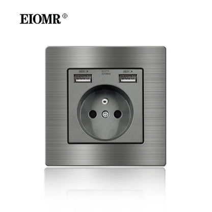 EIOMR Frankreich Standard-Steckdose, graue Aluminiumlegierung, Lichtschalter, RJ45, Fernseher, 220 V, 16 A, Wandsteckdosen für Haushaltsgeräte