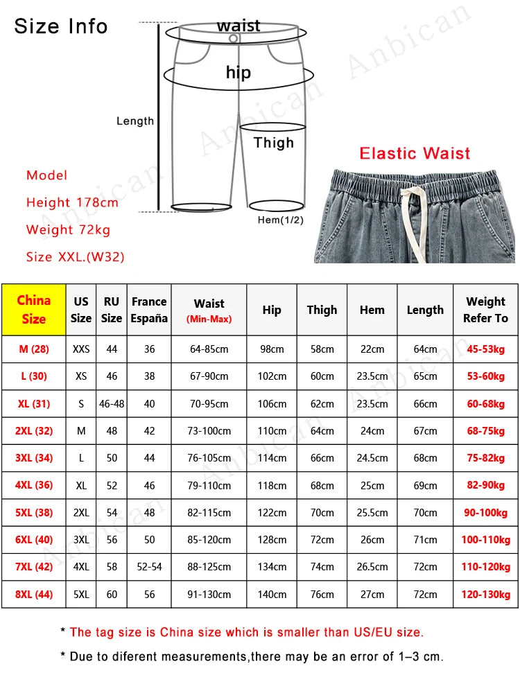 Summer Men's Jeans Denim Breeches Calf-Length Casual Shorts Washed Cotton Drawstring Straight Capris Pants Big Size 8XL.