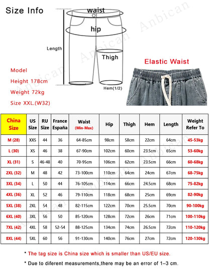 Summer Men's Jeans Denim Breeches Calf-Length Casual Shorts Washed Cotton Drawstring Straight Capris Pants Big Size 8XL.