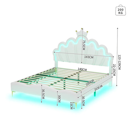 Polsterbett ohne Matratze, ferngesteuertes Umgebungslichtbett mit 2 Schubladen, kronenförmiges Prinzessinnenbett, verstellbarer Kopf, PU, Weiß