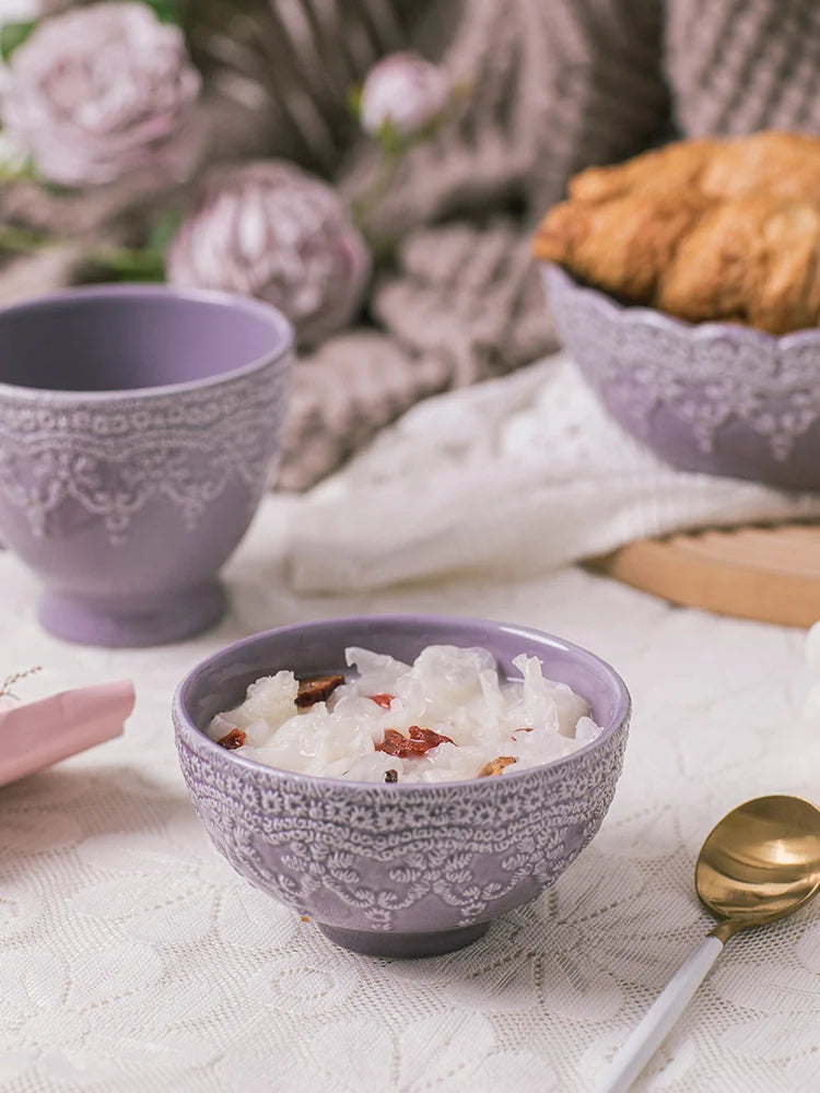 Solid Color Ceramic Tableware Lace Embossed Ceramic Tableware Bowl Plate Cup Rustic Irregular Dinner Plate  Dinner Plates.